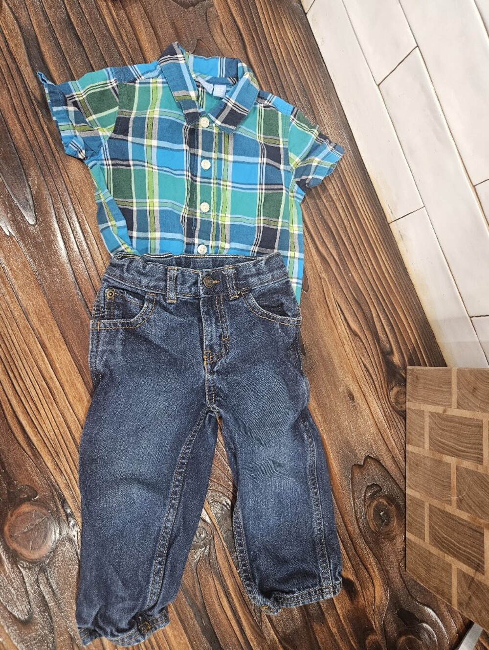 Carters 18 Month Carpenter Fit Denim Jeans With Plaid Onesie
